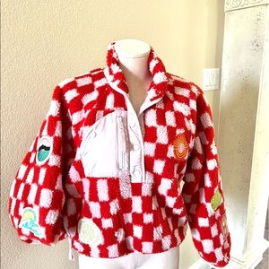 Free People  red and pink checkered Fleece with patches size extra small